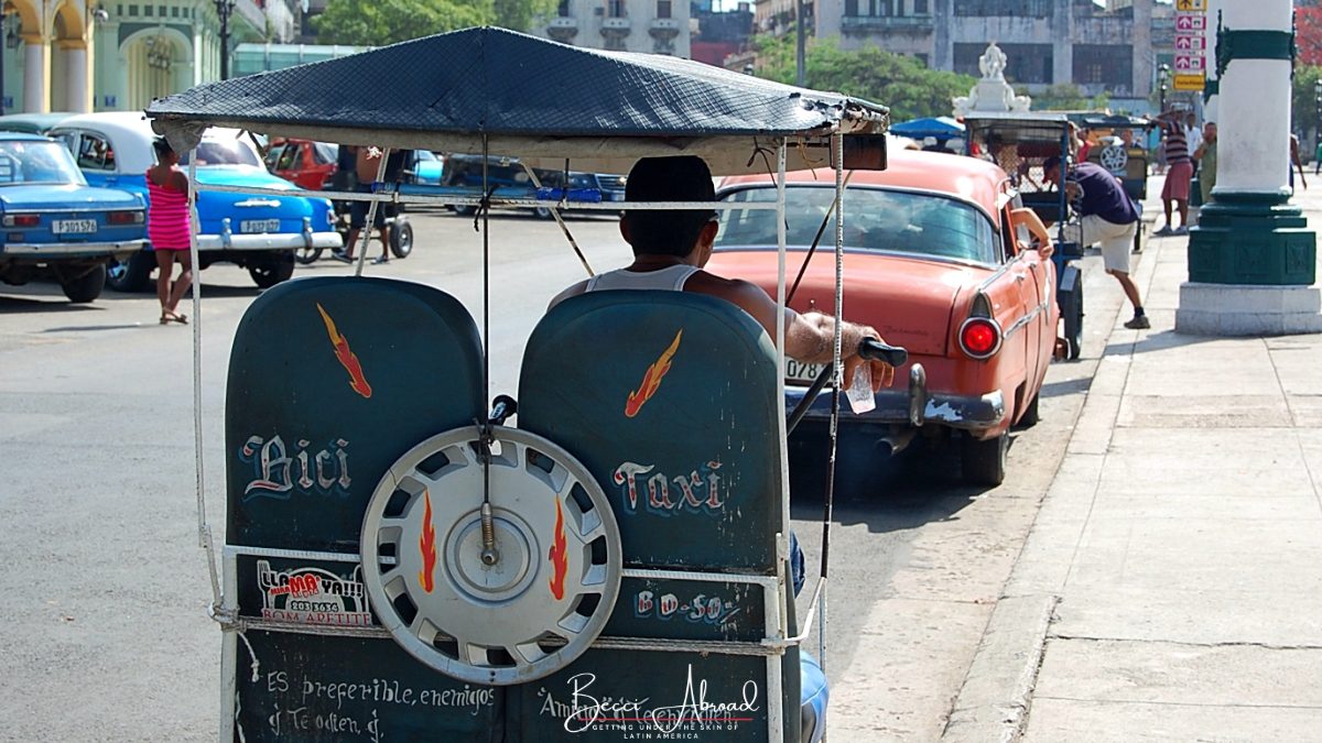 Bici taxi, or bike cycle taxi, parked in the streets of Havana, Cuba