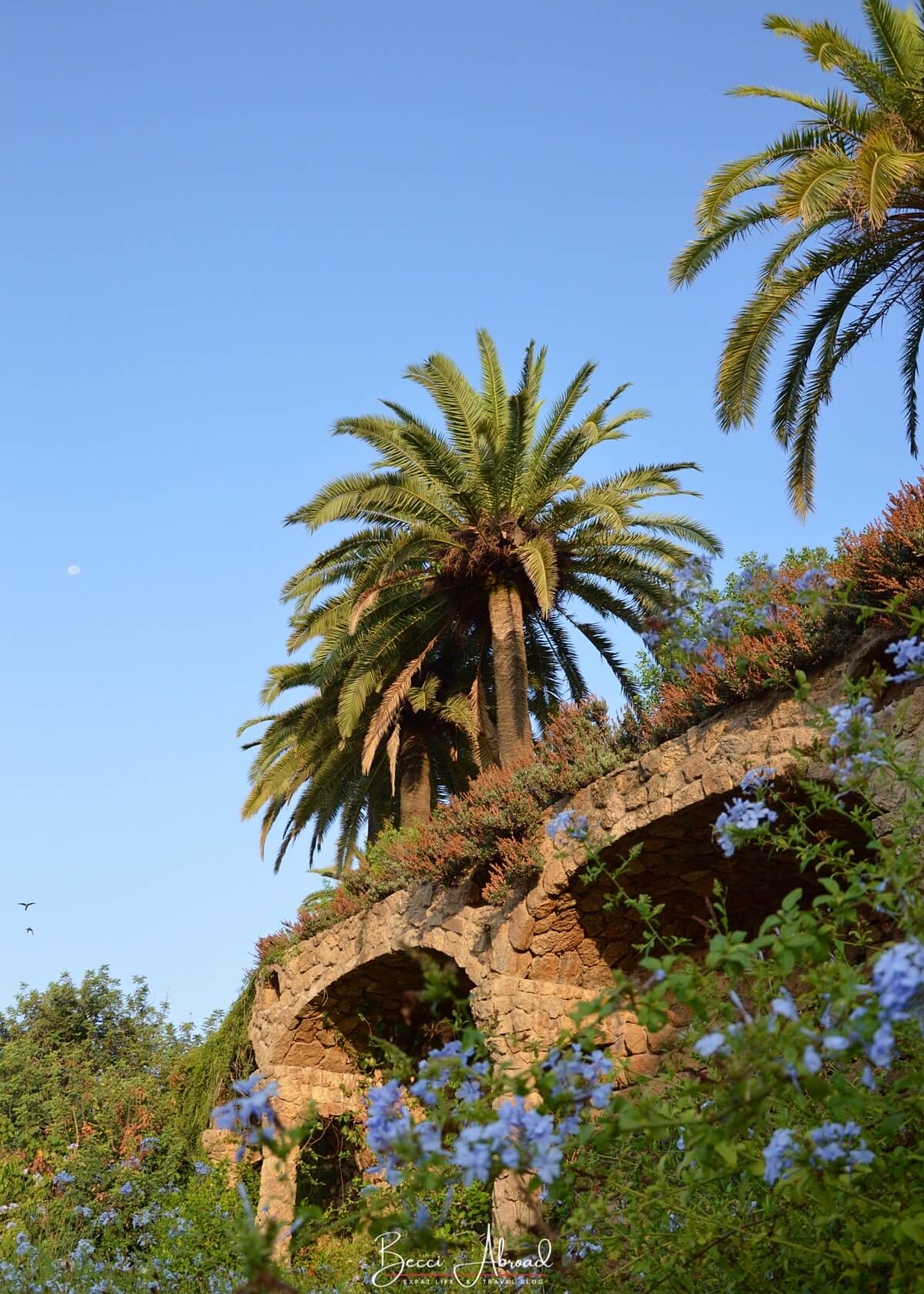 Close-up of the viaduct in the Austria Gardens, a peaceful section of Park Güell in Barcelona