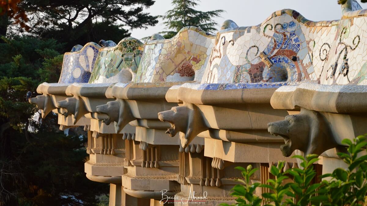 Details of the colorful mosaics in Park Güell - a masterpiece of modernist architecture