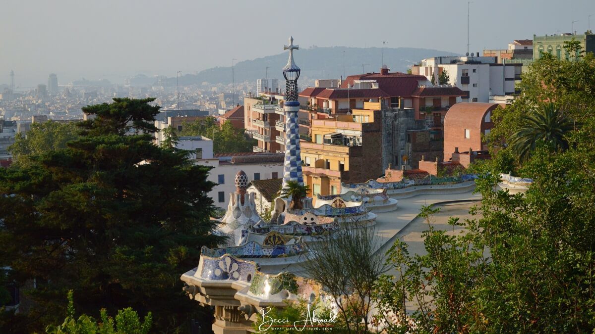 The views of the Nature Square at Park Güell, surrounded by Gaudí's iconic wavy bench.