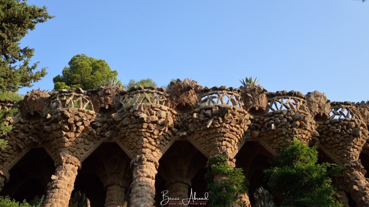 Details of the viaducts in Park Güell, created with stone pillars designed by Gaudí.