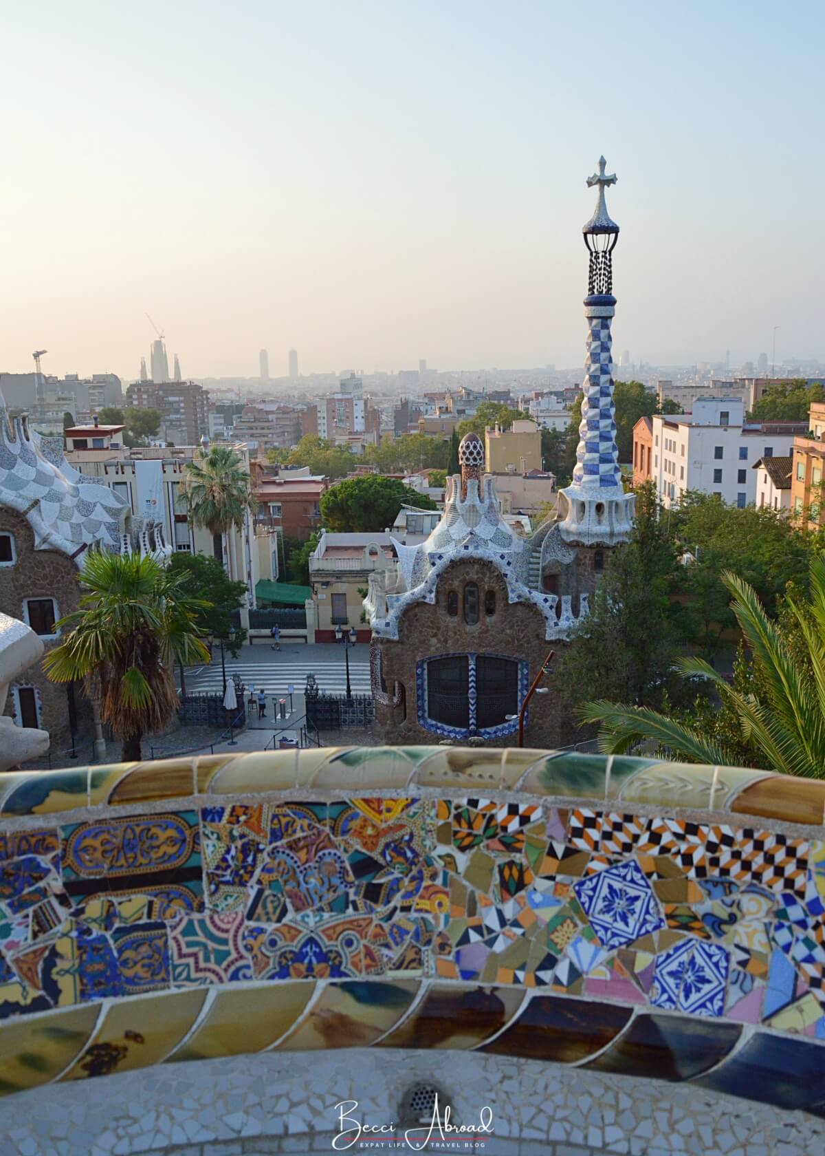 The view of the Porter’s Lodge Pavilion at the entrance of Park Güell from the Nature Square