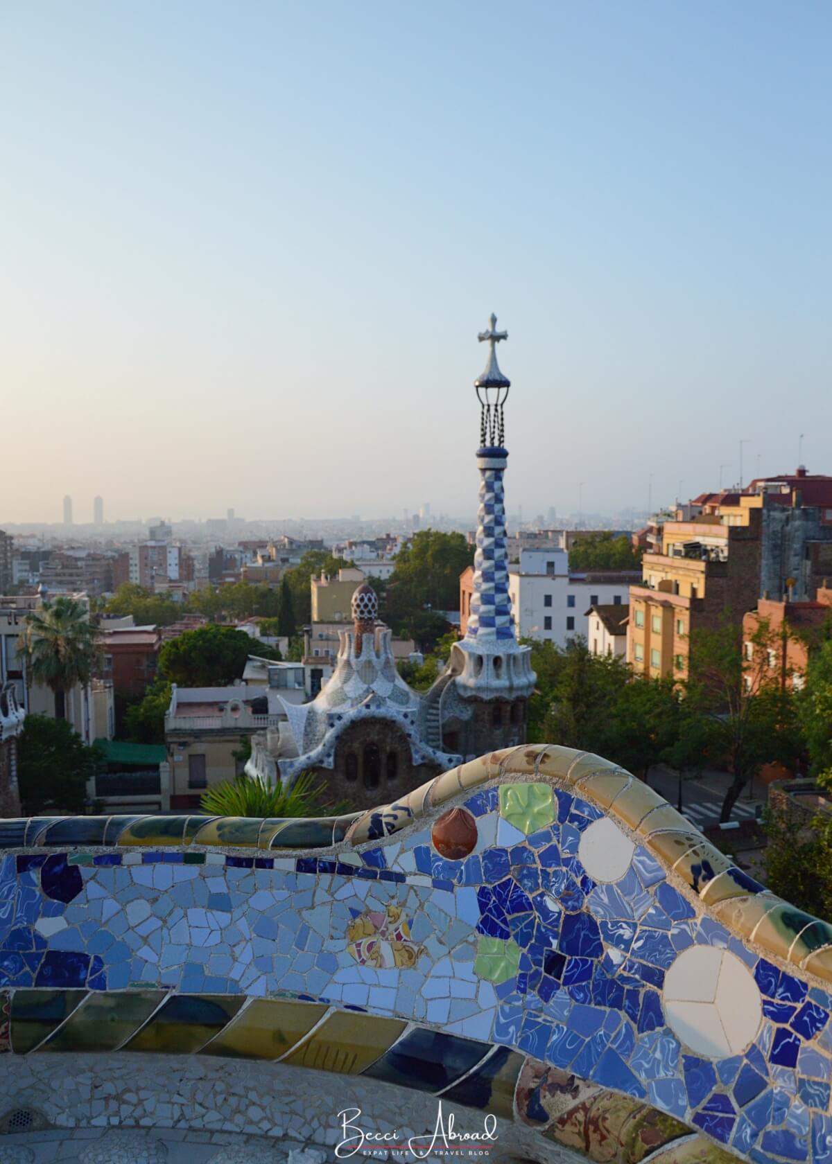 Views of Barcelona from the terrace at Park Güell, surrounded by Gaudí's iconic wavy bench.