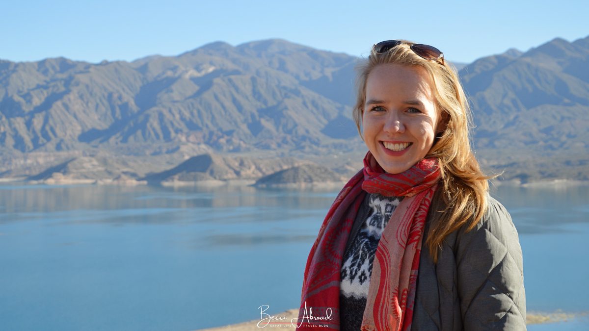 A traveler standing on a lookout point overlooking the Potrerillos Dam.