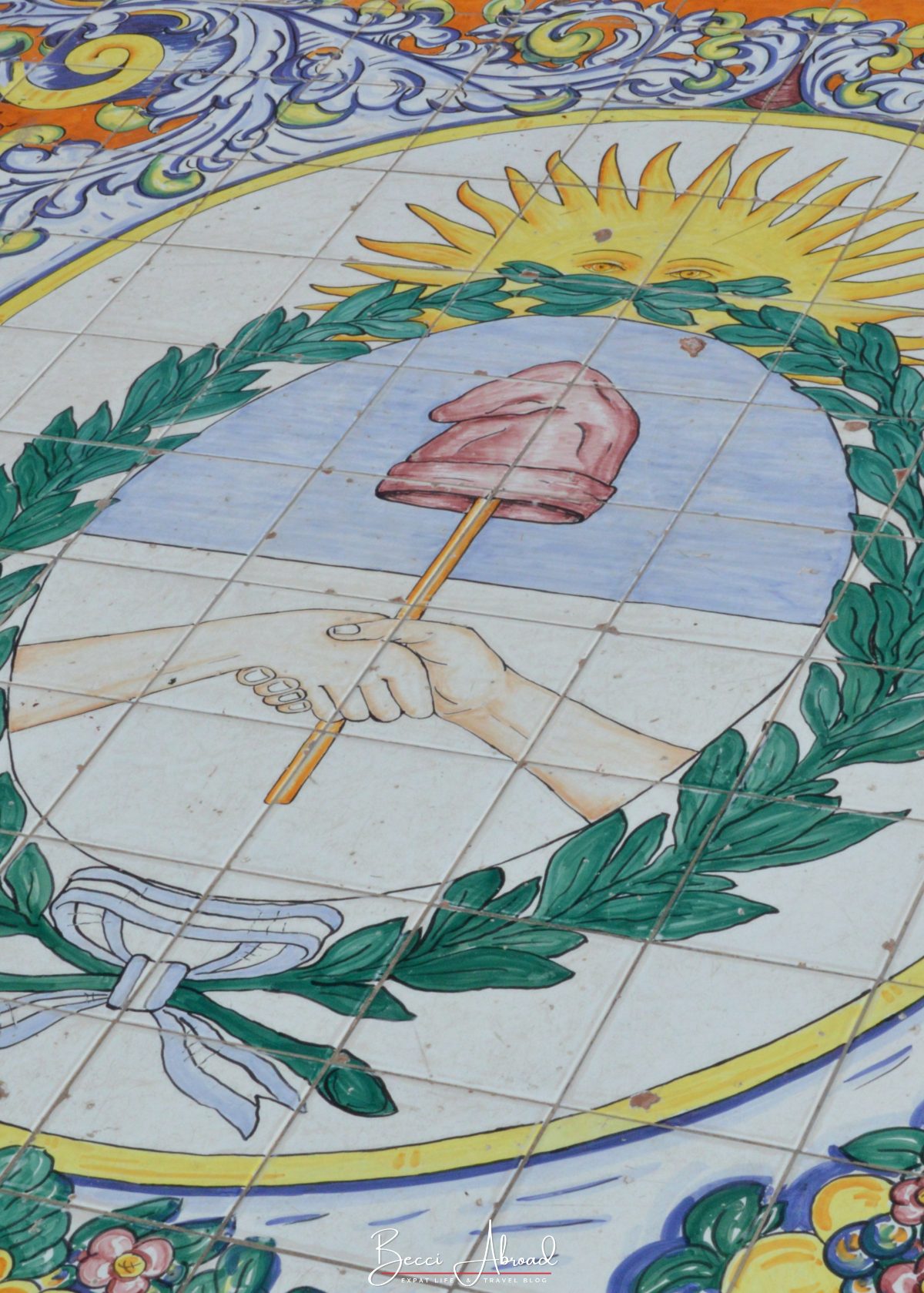 Argentina's coat of arms painted on tiles in the Spanish Square, Mendoza