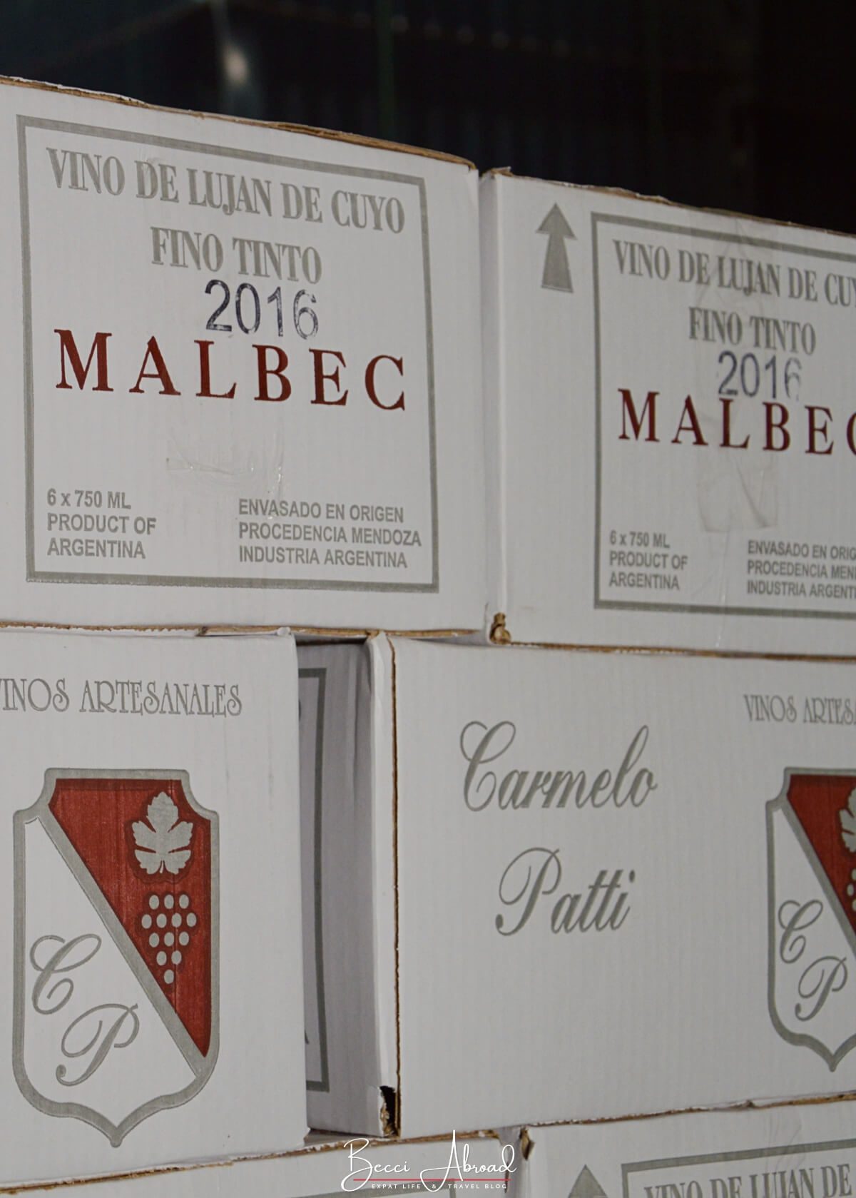 Boxes with Malbec wine at Carmelo Patti's Bodega shop
