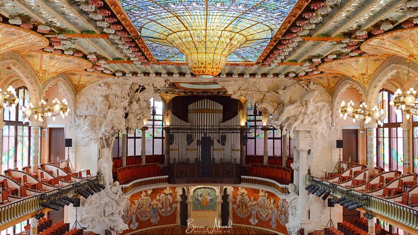 The main concert hall inside the Palace of Catalan Music