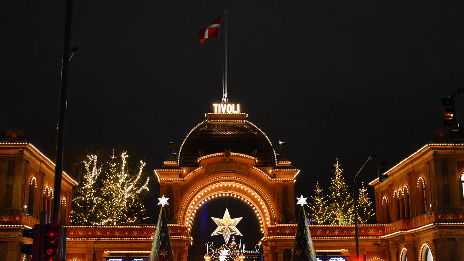 The entrance to Tivoli decorated for Christmas