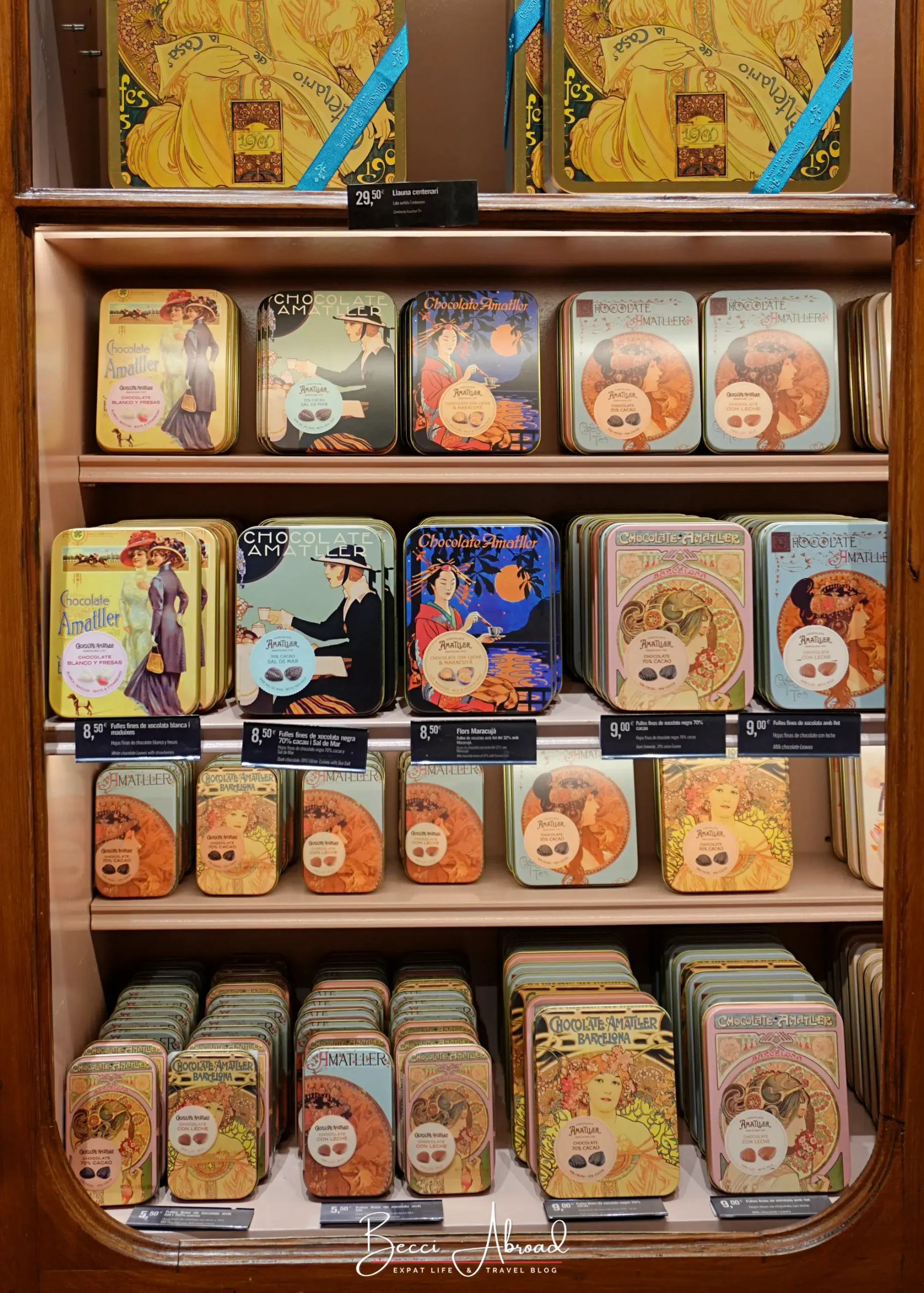 Shelves of Art Deco-style Chocolate Amatller tin boxes in Barcelona