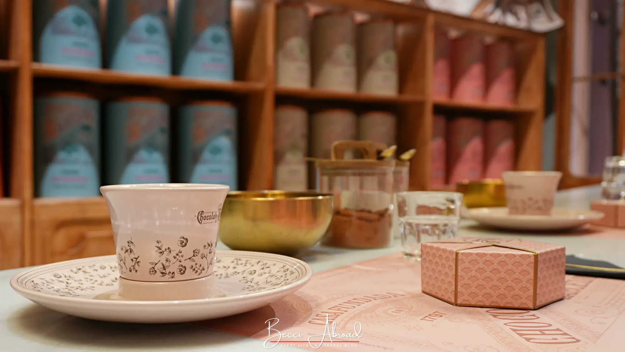 Chocolate tasting setup at the Chocolate Amatller Experience in El Born, Barcelona