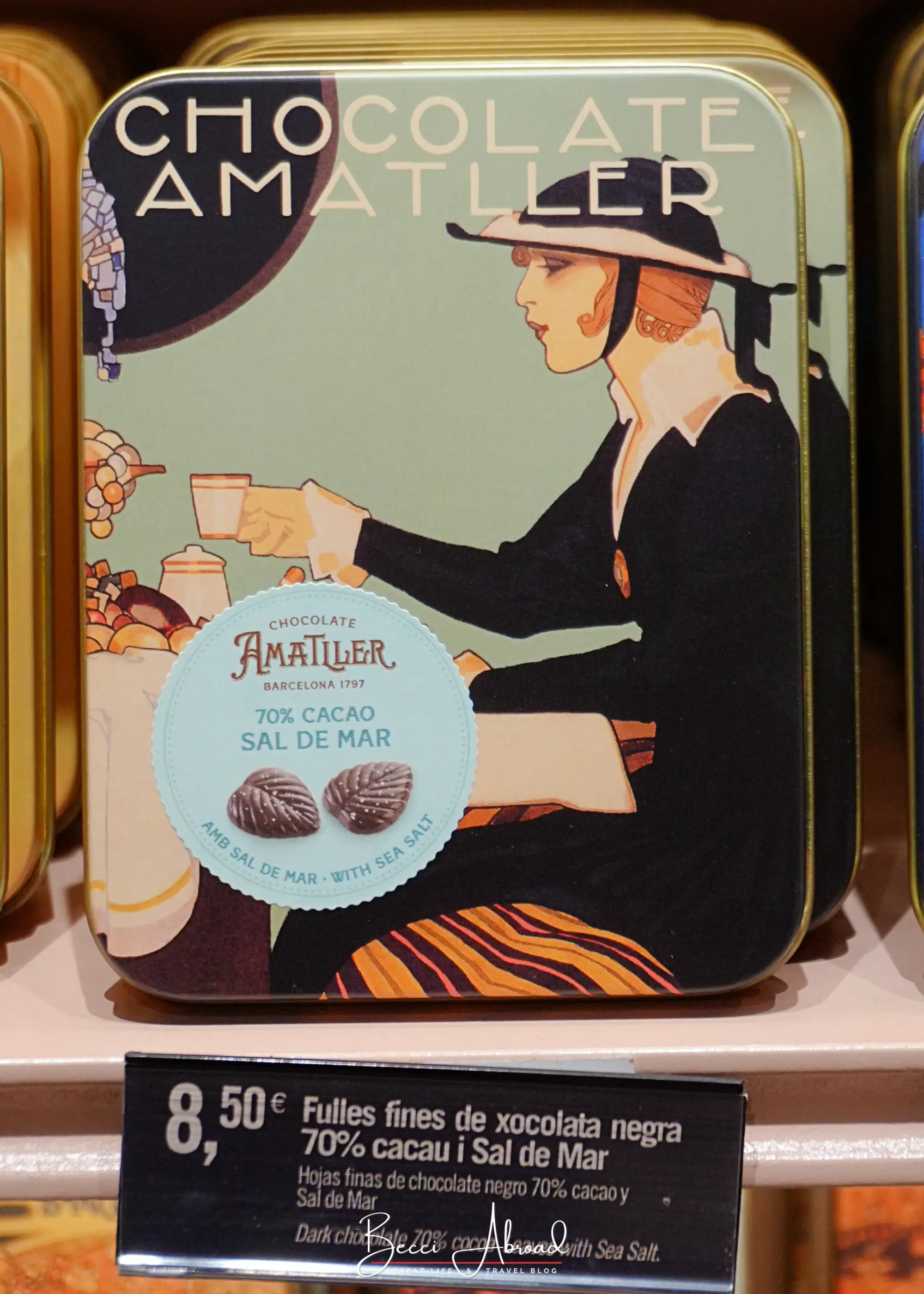 Chocolate Amatller tin of dark chocolate with sea salt with vintage illustration