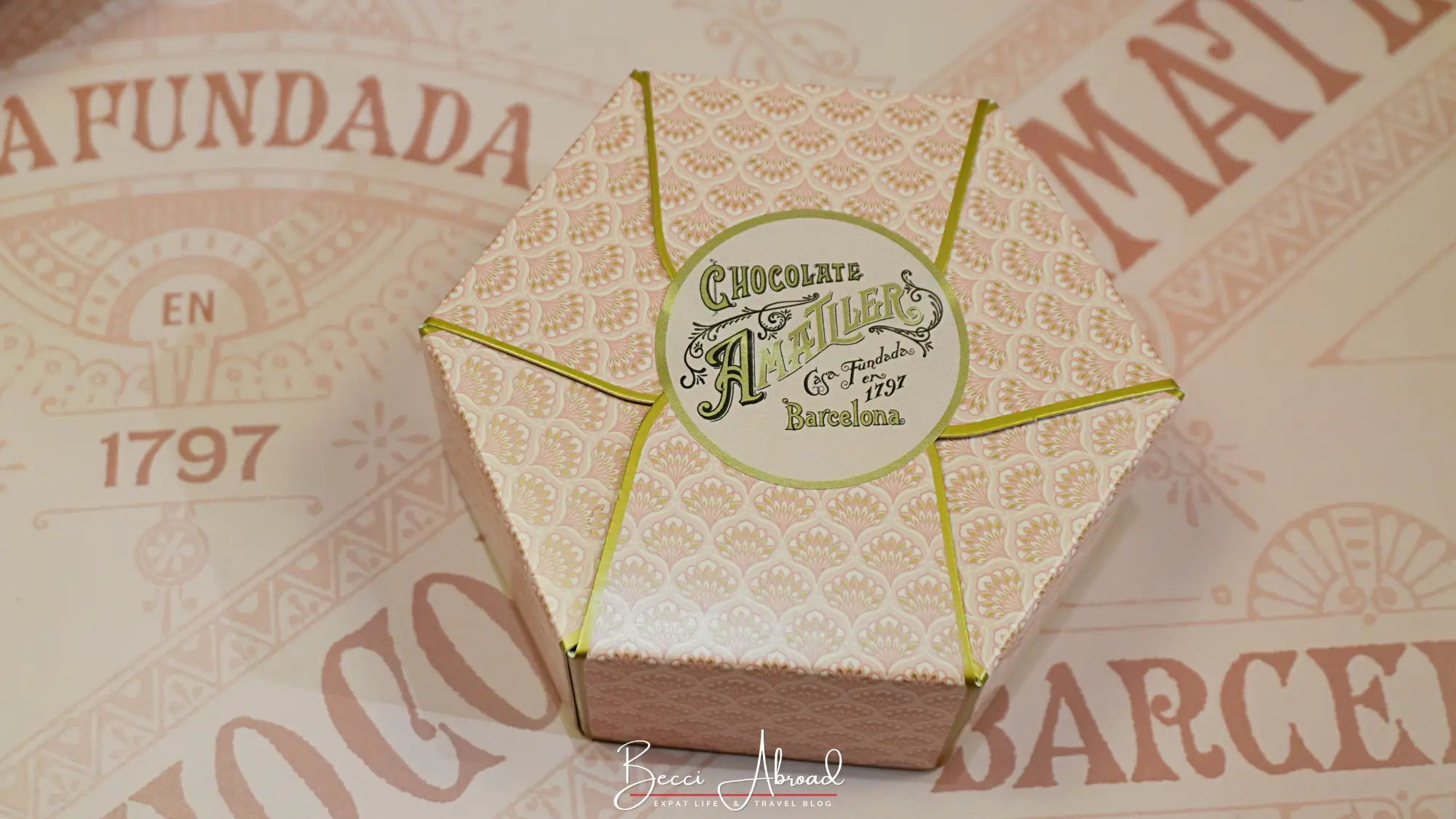 Chocolate Amatller box on a counter mat showing the founding year 1797