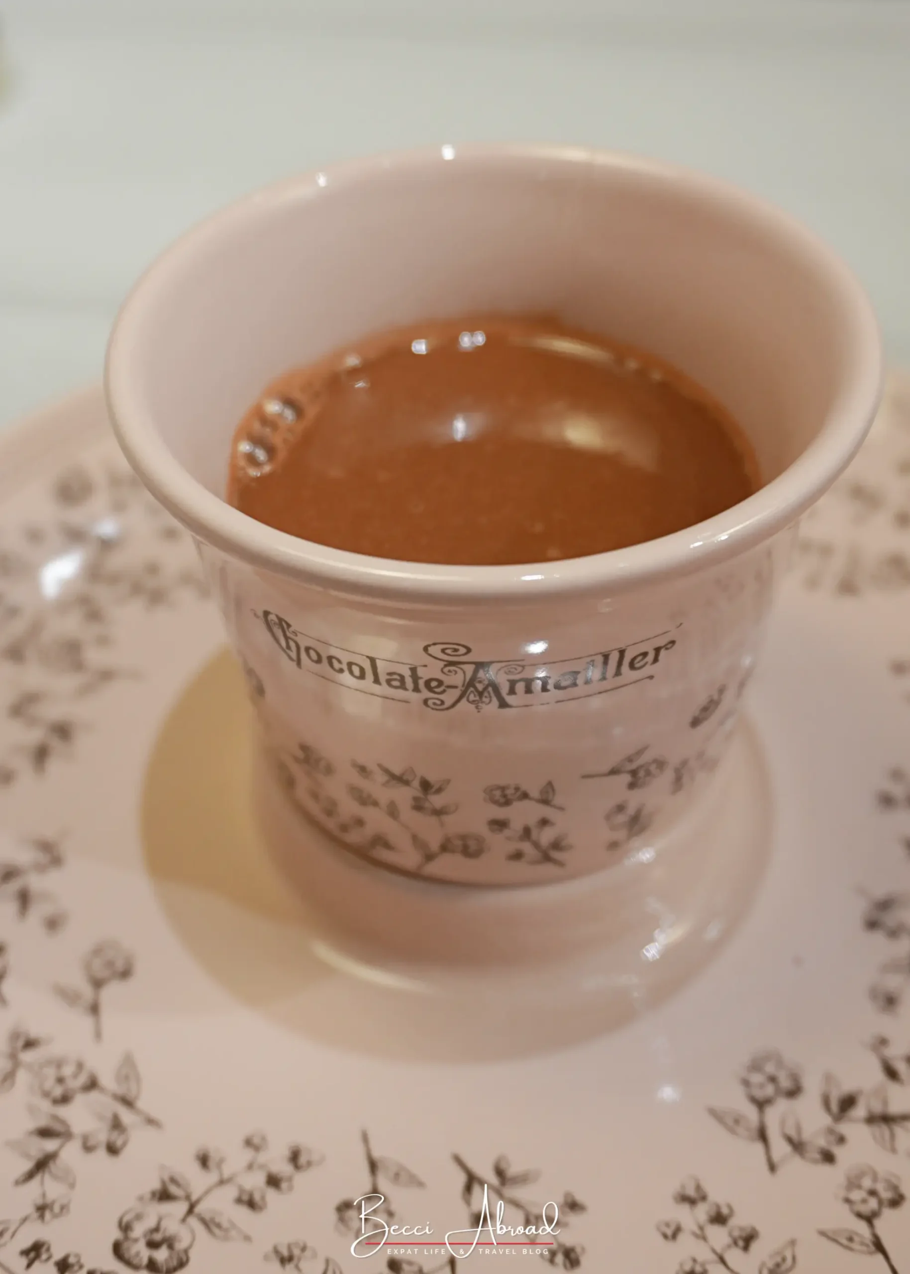 Hot chocolate in a traditional Spanish mancerina cup at Chocolate Amatller