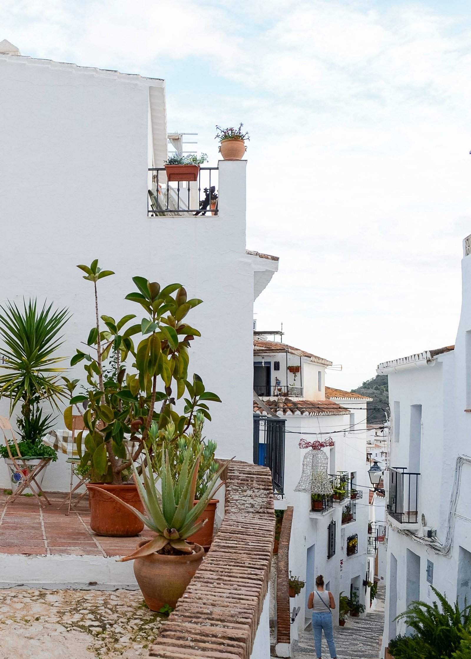 White street in Frigiliana with colorful flowers in winter