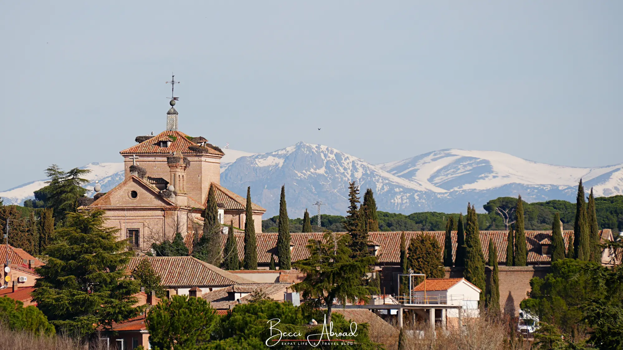 Snow-capped mountains behind Boadilla del Monte near Madrid in winter